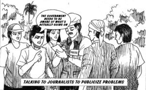 A cartoon used to illustrate a social action story in Indonesia. © Transparency for Development/Sylvia Kartowidjojo
