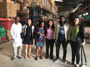 Gina Lagomarsino, president and CEO of R4D, meets with staff members of the national government’s procurement agency, Procurement Fund and Supply Agency (PFSA), at the Addis Ababa PFSA medicines warehouse in Ethiopia. R4D-administered amoxicillin dispersible tablets (amox DT) are distributed through PFSA’s distribution network to be used in public health facilities to treat pneumonia, newborn sepsis, severe acute malnutrition and local bacterial illnesses in children.